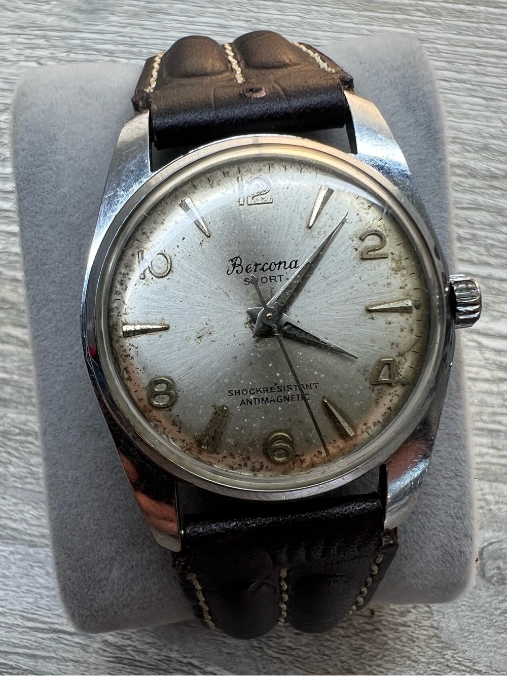 Vintage Bercona Sport Men's Mechanical Brown Leather Strap Watch - Silver Dial